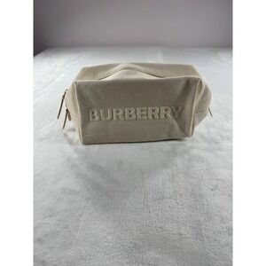 Burberry Cosmetic Toiletry Pouch Ivory Embossed Logo Canvas Zipper Clutch Bag